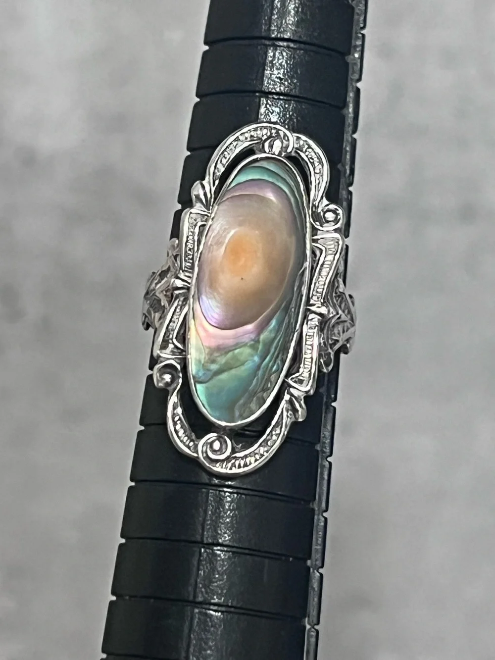 Vintage art deco oval abalone blister pearl ornate filigree ring sz 5.5 - Picture 1 of 6